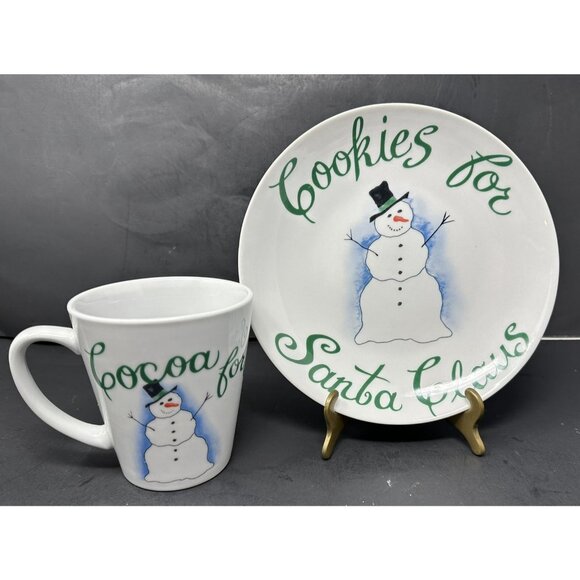 Pier 1 Other - PIER 1 COOKIES COCOA FOR SANTA CLAUS Mug & Plate Set Smiling Snowman Christmas